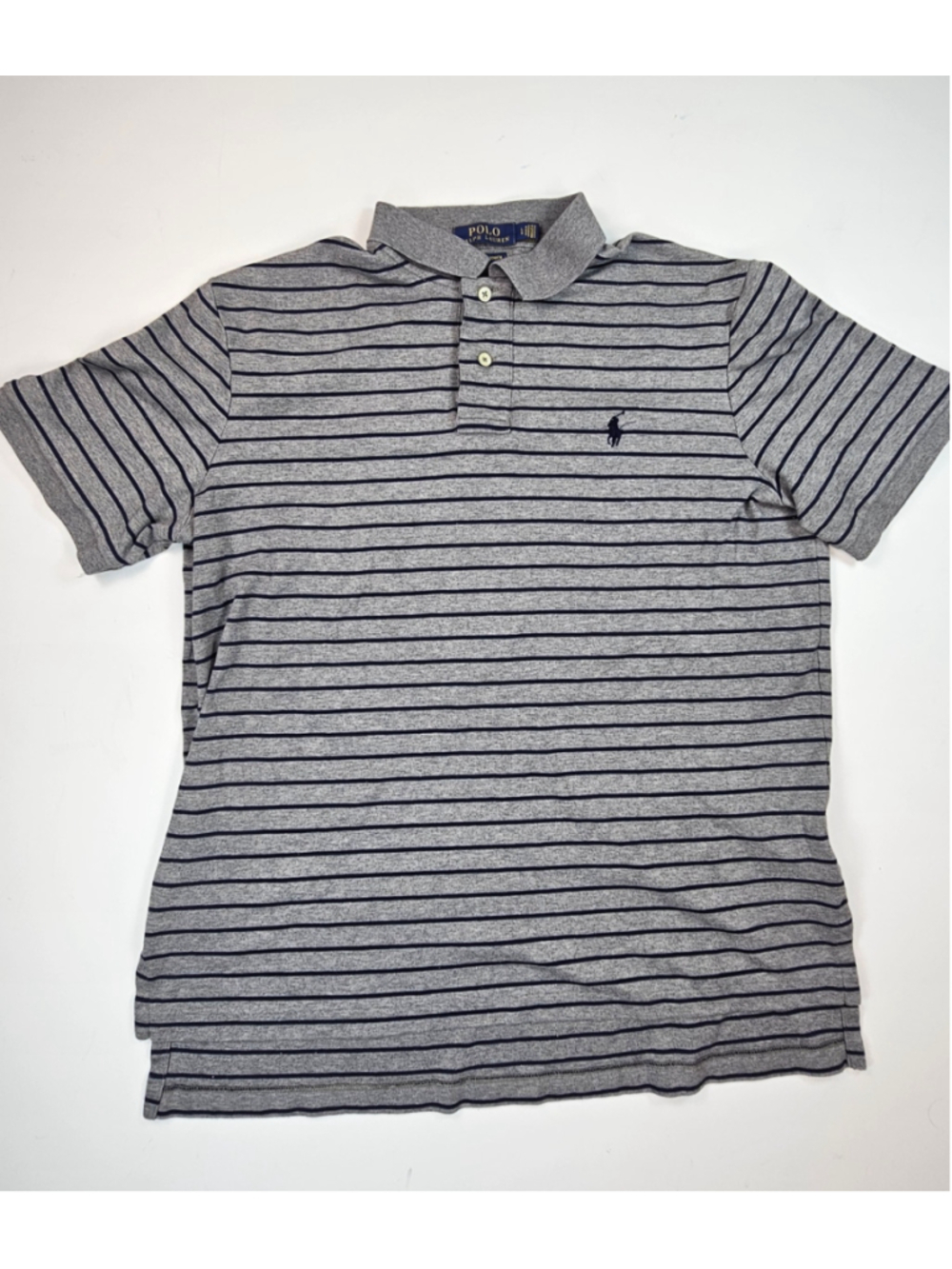 Polo Ralph Lauren Pima Soft Touch Polo Shirt Men L Gray Navy Stripe 100% Cotton